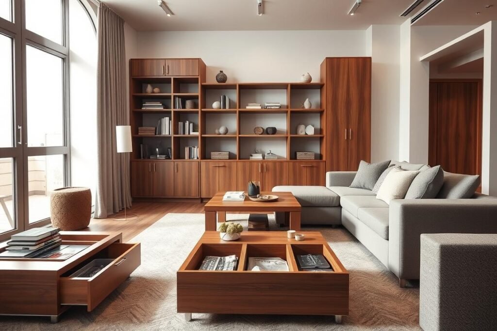 A cozy, modern living room featuring innovative furniture with hidden storage solutions. In the foreground, a sleek coffee table with pull-out drawers and a sectional sofa with lift-up seat cushions, revealing compartments underneath. The middle ground showcases an elegant bookshelf with built-in cabinets and decorative boxes, seamlessly blending style with practicality. The background has a large window letting in soft, natural light, illuminating the room's warm wood tones and neutral color palette. The atmosphere is inviting and organized, emphasizing clever space-saving designs that maximize functionality without sacrificing aesthetics. Capture the essence of smart living in a small apartment, showcasing how hidden storage can enhance everyday life.