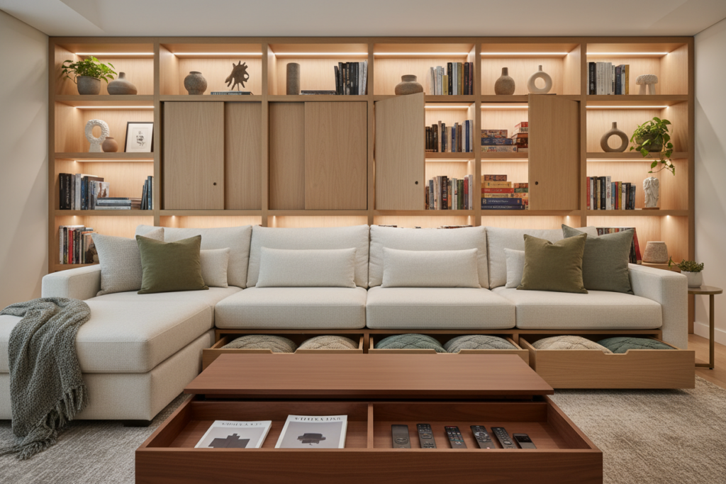 A cozy, modern living room featuring innovative hidden storage solutions creatively integrated into furniture and decor. In the foreground, a sleek coffee table with compartments reveals neatly tucked away magazines and remote controls. The middle layer showcases a stylish sofa with hidden pull-out drawers underneath, filled with blankets and pillows. In the background, a wall-mounted bookshelf displays decorative items, with several magical hidden doors leading to secret compartments for books and games. Soft, warm lighting illuminates the space, creating an inviting atmosphere. The angle is slightly elevated, capturing the depth and organization of the room, emphasizing the clever use of space, texture, and color. The mood is functional yet aesthetically pleasing, highlighting practicality and style seamlessly combined.