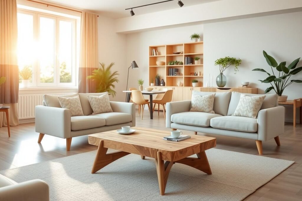 A cozy, modern living room featuring stylish space-saving furniture with exposed wooden legs, enhancing an airy feel. In the foreground, a minimalist sofa with light upholstery contrasts with a crafted coffee table showcasing sleek lines and natural wood tones. The middle ground includes a compact dining set with chairs that also reveal graceful legs, emphasizing openness. The background displays softly lit shelves adorned with greenery, adding a touch of life. Warm, natural sunlight pours in through large windows, casting gentle shadows, while a wide-angle perspective captures the entire scene, inviting viewers into a bright, welcoming space that feels both functional and relaxed.