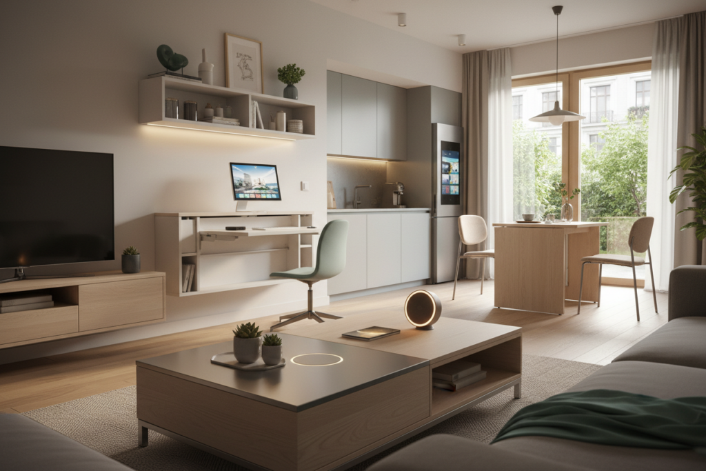 A cozy modern living room showcasing innovative smart home devices designed for space saving. In the foreground, highlight a sleek multi-functional coffee table with built-in wireless charging, small plants, and a smart speaker. In the middle, display a compact wall-mounted shelf with smart lighting and a foldable desk setup, emphasizing minimalism and efficiency. In the background, include a stylish minimalist kitchen featuring a smart fridge and a space-saving dining table set against a large window with natural light pouring in. The ambiance should feel warm and inviting, with soft lighting and a contemporary aesthetic. The scene should capture the essence of technology seamlessly integrated into a small living space, showcasing the potential for modern design to enhance functionality and comfort.