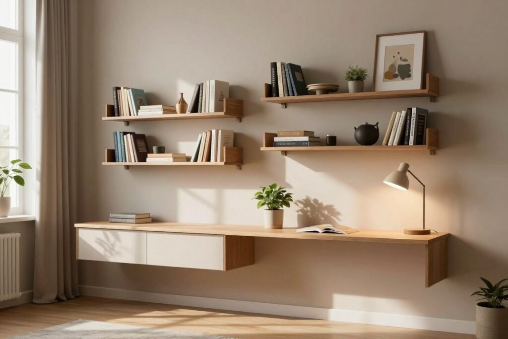 A cozy, modern living room showcasing wall-mounted furniture to optimize space in a tiny apartment. In the foreground, a sleek floating desk with minimalistic design, adorned with a small potted plant and a stylish desk lamp. The middle features an arrangement of wall-mounted shelves filled with books and decorative items, emphasizing functionality and style. In the background, a soft, neutral-colored wall enhances the ambiance, with natural light filtering through a window, creating a warm atmosphere. The entire scene is captured from an eye-level angle, giving a realistic perspective of the space. Soft shadows play across the floor, adding depth and dimension to the setup, promoting a sense of tranquility and efficient living.