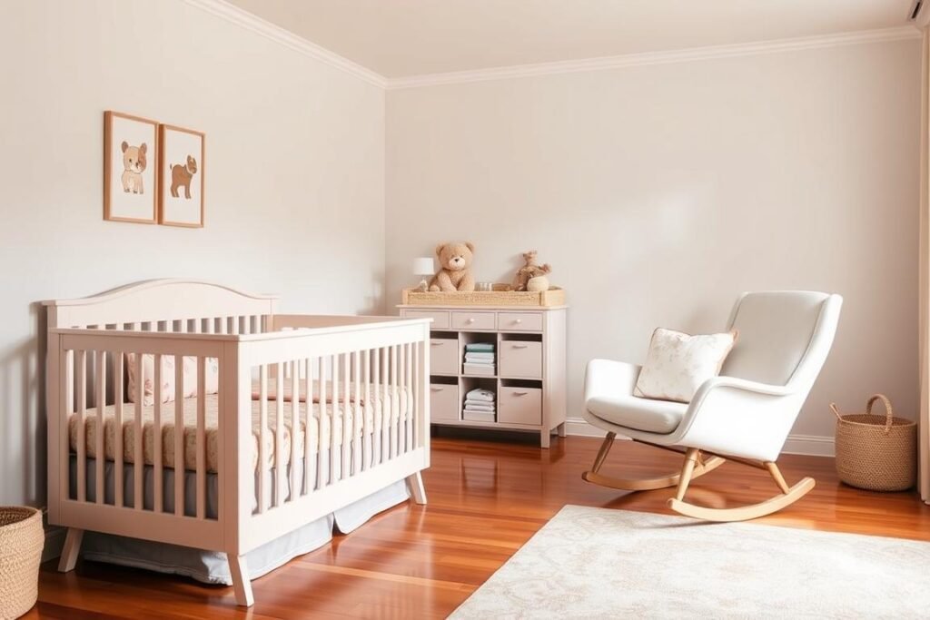 A cozy, modern nursery featuring multi-functional furniture perfect for small spaces. In the foreground, a stylish crib that converts into a toddler bed, adorned with soft, pastel bedding. In the middle, a compact changing table that doubles as a storage unit, filled with neatly organized baby essentials. A versatile rocking chair blends seamlessly, ideal for feeding or soothing. A large window in the background bathes the room in warm, natural light, highlighting the subtle, calming colors of the decor. A playful area rug adds texture to the hardwood floor. Overall, the atmosphere is serene and inviting, reflecting a space designed for both functionality and comfort. Capture this scene with a slight wide-angle perspective to emphasize the furniture layout while maintaining a realistic feel.