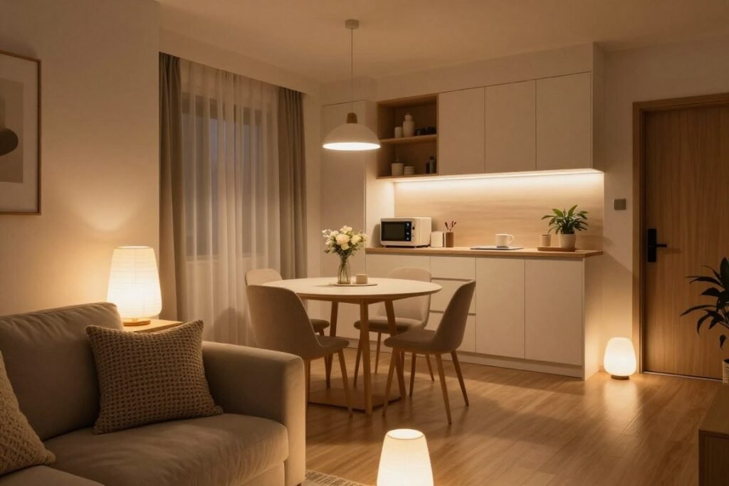 A cozy modern small apartment featuring strategic lighting to enhance its aesthetic. The foreground shows a stylish living space with a plush sofa adorned with textured throw pillows, where warm LED floor lamps and soft table lights create a welcoming glow. In the middle, a compact dining area with a round table illuminated by pendant lights gives a sense of intimacy. The background reveals a well-organized kitchenette with smart storage solutions, accentuated by under-cabinet lighting that highlights sleek cabinetry. Soft hues of beige and warm wood tones provide an inviting ambiance. The overall atmosphere is tranquil, designed to evoke comfort and warmth, captured from a slight angle to emphasize depth and space.