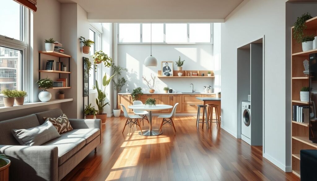 A cozy, modern small apartment interior designed to maximize floor space. In the foreground, a cleverly arranged multifunctional living area features a compact sofa with storage underneath, a wall-mounted foldable desk, and vertical shelving filled with plants and books. In the middle ground, a sleek, space-saving dining table is tucked against the wall, while a minimalist kitchen with open shelves and an island enhances practicality. The background showcases large windows allowing natural light to flood the space, casting soft shadows on the hardwood floor. The atmosphere is warm and inviting, with a color palette of soft neutrals and pops of greenery, creating a serene and stylish retreat. The perspective is captured from a slightly elevated angle to emphasize the layout and use of space, ensuring a realistic and lived-in feel.