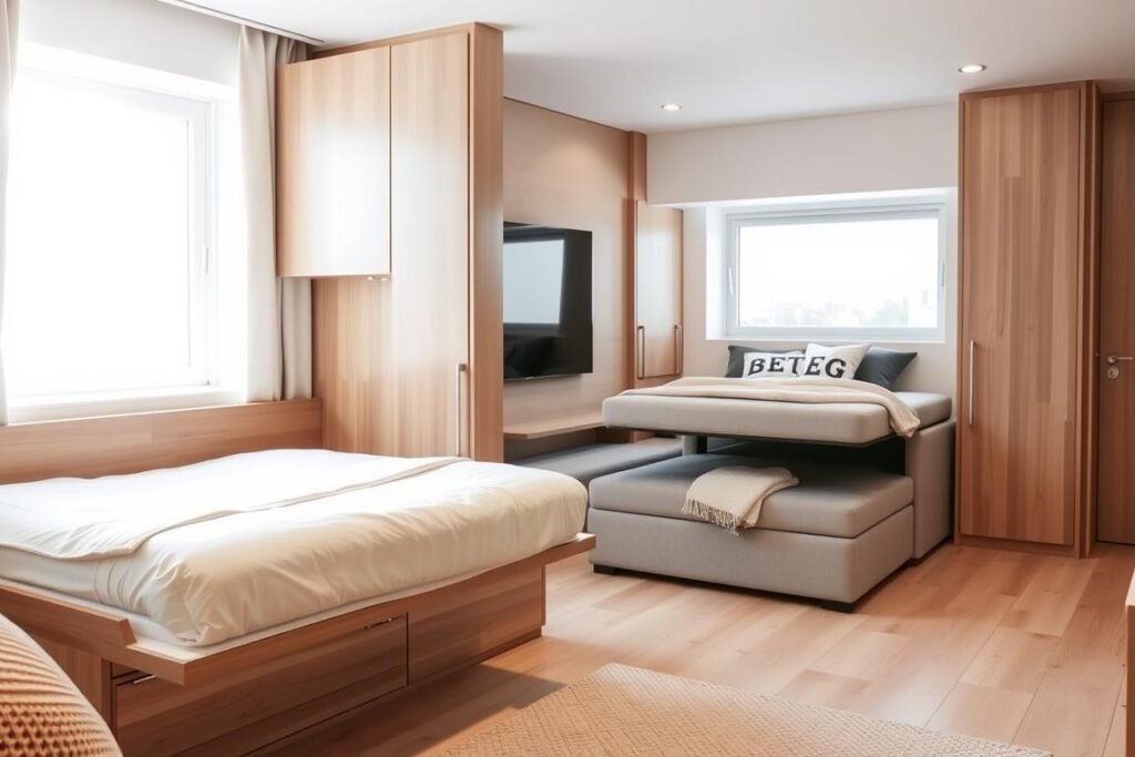 A cozy, modern small apartment interior featuring stylish Murphy beds and innovative convertible furniture. In the foreground, a sleek wall-mounted Murphy bed is gracefully folded up, revealing a versatile workstation setup beneath. In the middle of the room, a sleek, modular sofa doubles as storage and seamlessly transitions into a bed, showcasing its multi-functional design. The background showcases a bright window with natural light streaming in, illuminating the light wood floors and neutral-toned decor. Soft textures, such as cushions and throws, add warmth to the space. The atmosphere feels inviting and practical, emphasizing smart use of limited space. Capture this scene from a slightly elevated angle to highlight the layout and functionality of the furniture.