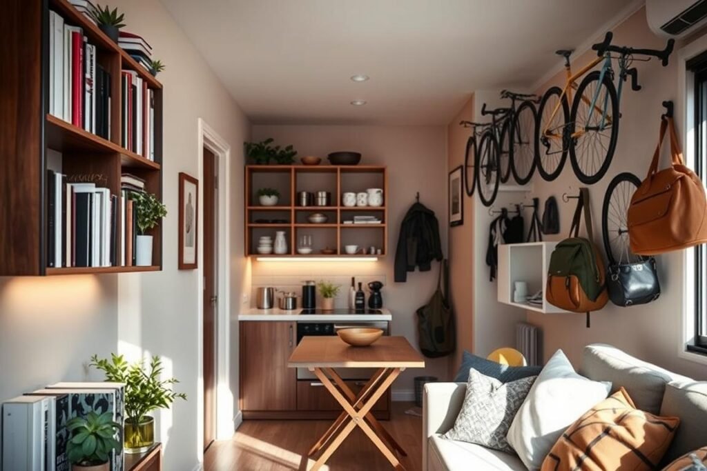 A cozy, modern small apartment interior showcasing innovative vertical storage solutions. In the foreground, a stylish wall-mounted bookshelf filled with books and plants, highlighted by soft ambient lighting. The middle layer features a compact kitchen area with open shelves displaying neatly organized kitchenware, and a folding table that maximizes the space. In the background, a creative use of wall hooks holds various items like bicycles and bags, emphasizing the untapped vertical real estate. The warm, inviting atmosphere reflects a practical yet chic living space. The image is captured from a slight angle to provide depth, with natural light filtering through a window, enhancing the overall ambiance.