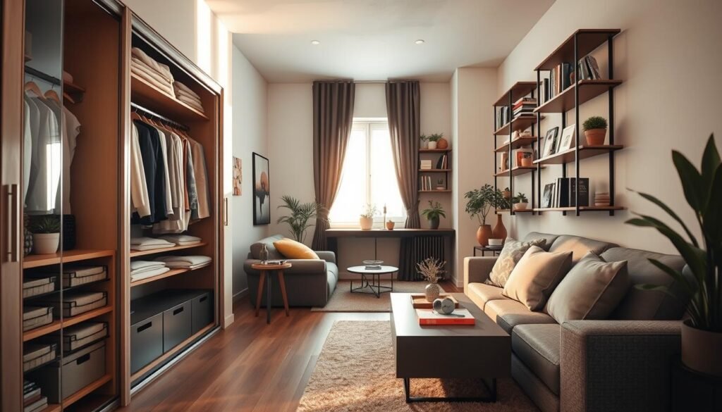 A cozy, modern small apartment interior showcasing smart closet solutions and hidden storage options. In the foreground, a stylish open closet with neatly organized shelves and storage bins, featuring a mix of clothing and decorative items. In the middle, a multifunctional coffee table that doubles as storage, surrounded by a small but comfortable seating area with plush cushions. The background displays wall-mounted shelves filled with books and plants, enhancing the aesthetic. Warm, natural lighting streams through a nearby window, casting soft shadows that evoke a welcoming atmosphere. Use a wide-angle lens to capture the entire scene, emphasizing the clever use of space and inviting charm of the room. The mood is serene yet efficient, perfect for a small living environment.