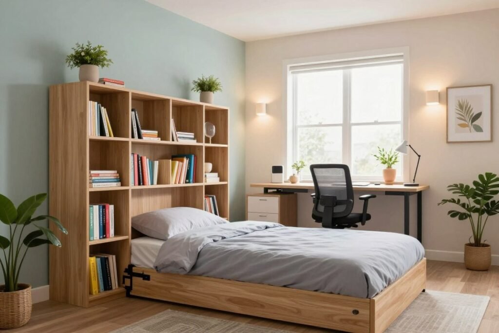 A cozy, modern small bedroom designed for dual-purpose use, featuring a wall bed that folds discreetly into a stylish bookshelf. The foreground showcases the multifunctional bed neatly stored away, with colorful books and decorative items on the shelves. In the middle, a compact workspace with a sleek desk and ergonomic chair sits against a bright window, allowing natural light to pour in. Soft, ambient lighting from sconces on the walls adds warmth to the space. The background is painted in soft pastel colors, creating a calming atmosphere. Plants and artwork enhance the cozy feel, subtly emphasizing the room's practicality and aesthetic appeal. A wide-angle lens captures the entire setup, showcasing effective space optimization while maintaining a realistic and inviting look.