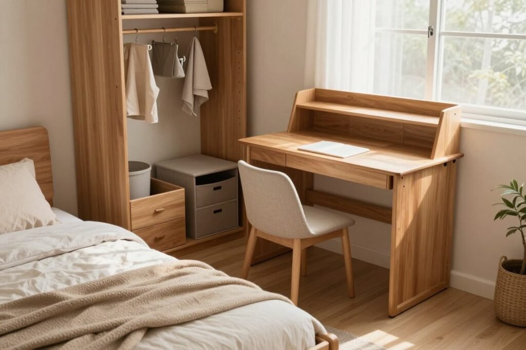 A cozy, modern small bedroom featuring efficient furniture designed for space saving. In the foreground, include a multifunctional bed with built-in storage drawers and a compact, foldable desk with shelves. The middle ground should showcase a small closet with organizers and a corner chair that doubles as a storage unit. In the background, soft natural light streams in through a window, casting gentle shadows across the room. Use a wide-angle lens perspective to make the small space feel inviting and open. The overall mood should be warm and minimalist, emphasizing smart design and organization, with a neutral color palette that promotes calmness and tranquility. Focus on realistic textures like wood and fabric to enhance the inviting atmosphere.
