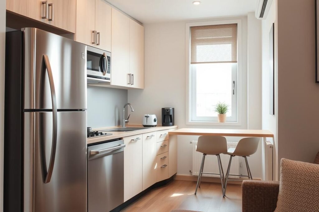 A cozy, modern small kitchen featuring a layout optimized for space with apartment-sized appliances. In the foreground, sleek, stainless steel appliances like a compact refrigerator, a slim dishwasher, and a space-saving microwave are arranged harmoniously. The middle ground showcases a stylish countertop with a contemporary toaster and a single-service coffee machine, both designed for efficiency. The background includes a small dining nook with minimalist bar stools and light-colored cabinetry that enhances the feeling of openness. Soft, natural lighting floods the scene from a nearby window, creating a warm and inviting atmosphere. The overall mood is practical yet elegant, highlighting the clever use of space in urban living. The perspective is slightly elevated, capturing the entire kitchen in a realistic and relatable manner.