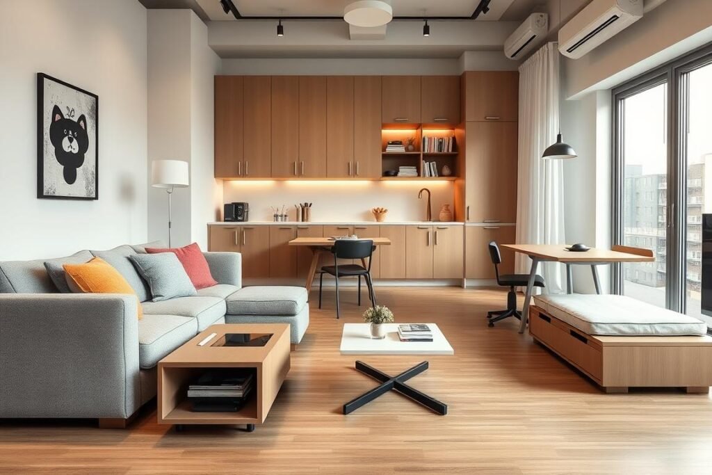 A cozy, modern studio apartment featuring innovative space-saving furniture that seamlessly blends style with functionality. In the foreground, display a multifunctional sofa that converts into a bed, adorned with colorful cushions. Adjacent to it, a sleek, minimalist coffee table with hidden storage compartments. In the middle, show a wall-mounted foldable desk with built-in shelves showcasing books and decorative items. The background reveals an open kitchen area with cabinets extending to the ceiling, utilizing vertical space efficiently. Soft, warm lighting floods the room, creating an inviting atmosphere, with large windows allowing natural light to enhance the wooden flooring. Capture the scene from a slightly elevated angle to emphasize the layout and functionality without including any humans.