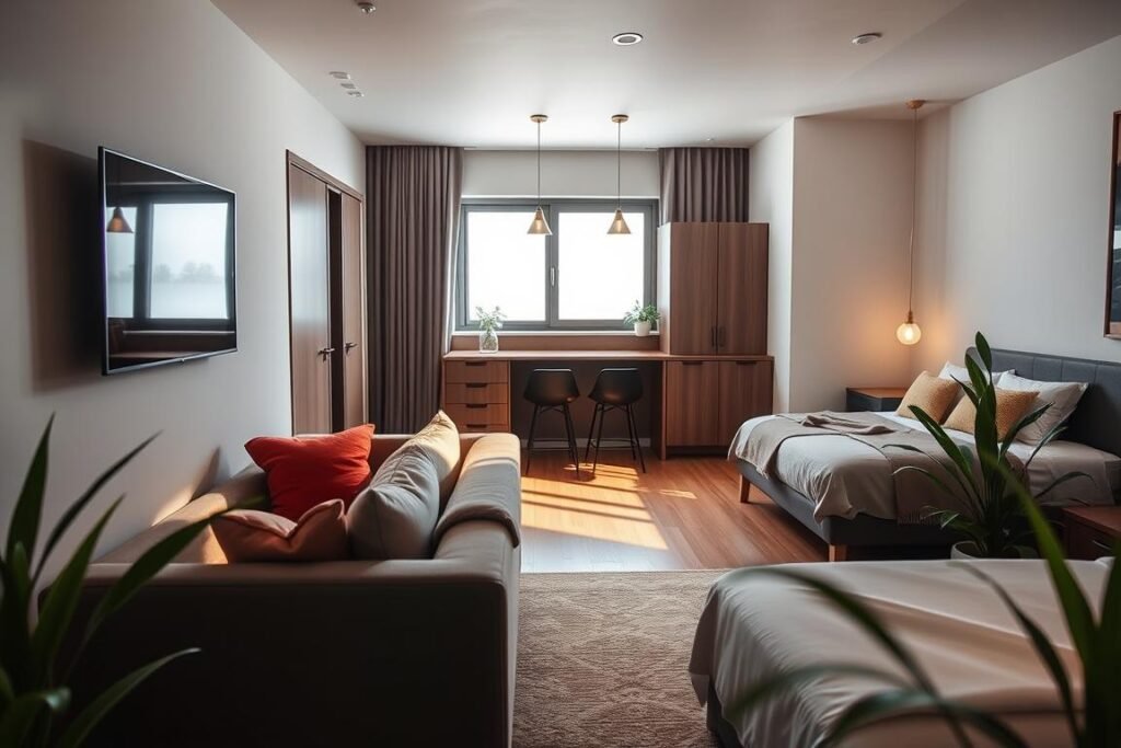 A cozy, modern studio apartment layout featuring a well-defined living space, a minimalist kitchen with sleek cabinetry, and a compact dining area. In the foreground, a stylish small sofa adorned with colorful cushions faces a wall-mounted flat-screen TV. The middle ground highlights a compact kitchen bar with two stools, illuminated by pendant lights that create a warm ambiance. The background showcases a neatly arranged bed with soft bedding, bordered by plants for a touch of greenery. Natural light streams in from a large window, casting soft shadows and enhancing the inviting atmosphere. The overall mood is one of functional elegance, emphasizing smart design elements that maximize space efficiency without sacrificing style.