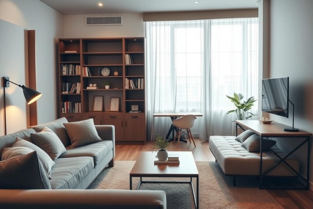 A cozy, modern studio apartment showcasing innovative multi-functional furniture. In the foreground, a stylish sofa that converts into a bed, adorned with plush cushions, and a compact coffee table that transforms into a dining table. In the middle, an ingenious wall unit that includes bookshelves and a foldable desk, maximizing vertical space while retaining a minimalist aesthetic. The background features a bright window with sheer curtains, allowing natural light to flood the space, enhancing the warm atmosphere. Soft ambient lighting from chic lamps adds to the inviting mood. Capture the scene with a slightly elevated angle, giving a broad view of the layout, emphasizing the clever use of space and functionality, focusing on realistic textures and materials in a harmonious color palette.