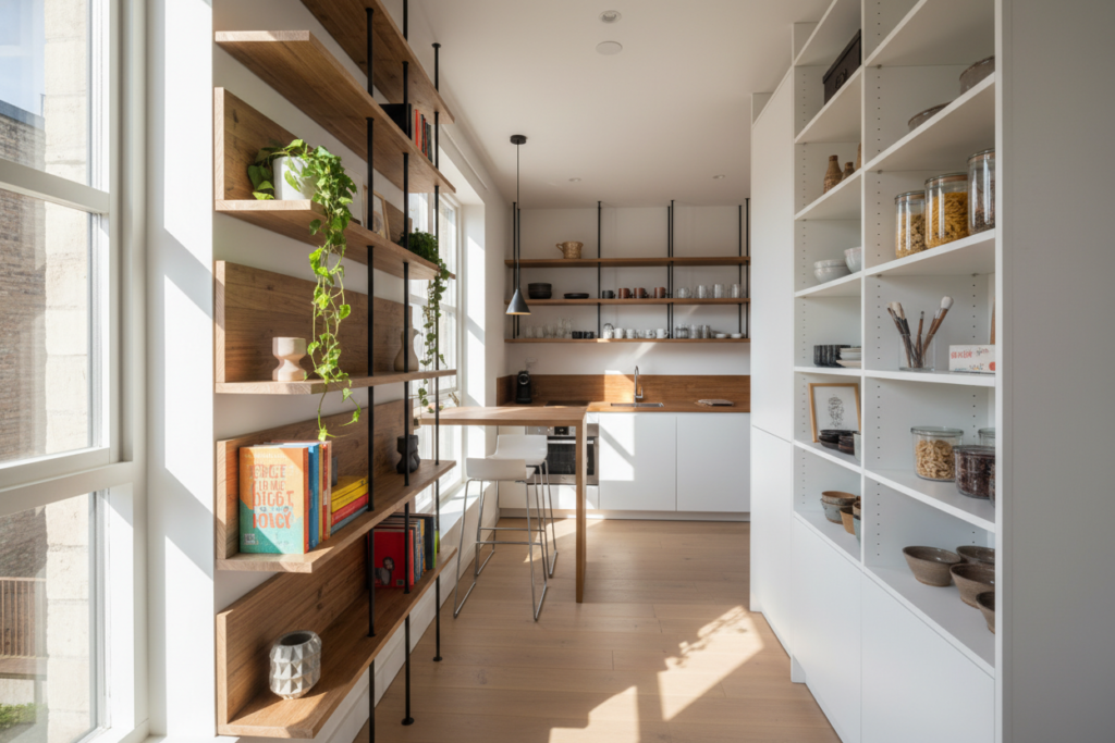 A cozy, modern studio apartment showcasing innovative vertical storage solutions, filled with abundant natural light streaming through large windows. In the foreground, a stylish wall-mounted bookshelf holds an array of colorful books and decorative plants, providing a vibrant touch. The middle ground features an assortment of vertical cabinets and shelves, neatly organized with kitchen essentials, art supplies, and personal items, maximizing the use of wall space. The background displays a compact, functional kitchen area with additional shelving units, emphasizing efficiency. The atmosphere is warm and inviting, with soft shadows and highlights accentuating the clever design. The perspective is a slightly elevated angle, capturing the space's verticality while ensuring a realistic and relatable depiction.