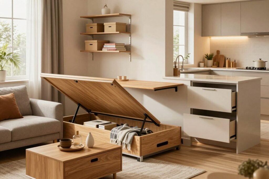 A cozy, modern tiny apartment featuring cleverly designed hidden storage solutions. In the foreground, an inviting living area with a sleek sofa that lifts to reveal a storage compartment filled with books and blankets. The coffee table doubles as a storage chest, displaying a few decorative items. In the middle, a wall-mounted shelving unit with nested boxes and a foldable desk that tucks into place when not in use. The background showcases a minimalist kitchen with hidden drawers beneath the counter and an accessible drawer within the island. Soft, warm lighting illuminates the space, creating a welcoming atmosphere, while large windows allow for natural light to enhance the overall ambiance. The perspective is slightly angled to capture details and depth, emphasizing the smart use of space.