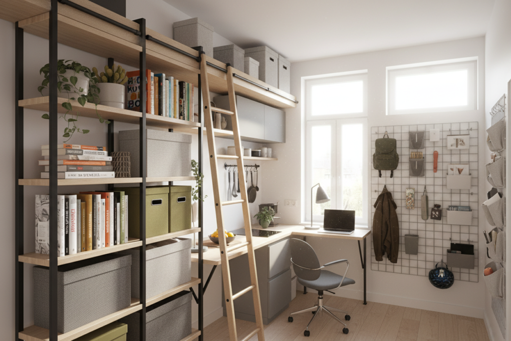 A cozy, modern tiny apartment featuring innovative vertical storage solutions that maximize space utilization. In the foreground, showcase sleek, tall shelving units filled with books, decorative plants, and stylish storage boxes. In the middle, include a stylish ladder leaning against a wall, providing access to high shelves, while beneath it, a compact workspace or kitchen area is easily accessible. The background should depict a well-organized wall-mounted storage system with hanging organizers and hooks for everyday items. Bright, natural lighting filters in through a large window, creating a warm, inviting atmosphere, and the overall composition should emphasize efficiency and clever organization in a limited space. Use a realistic perspective, capturing the unique charm of small living environments.