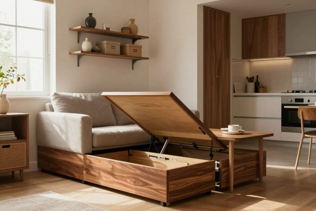 A cozy, modern tiny apartment interior showcasing innovative hidden storage solutions. In the foreground, a sleek, multifunctional furniture piece with integrated drawers and compartments, elegantly designed with a rich wood finish. The middle ground features a stylish sofa with hidden storage beneath the cushions and a coffee table that opens to reveal additional storage space. On one wall, floating shelves hold decorative items while concealing storage boxes behind them. Soft, natural light filters through a large window, illuminating the space with a warm glow. In the background, a compact kitchen area is cleverly organized, utilizing vertical space with cabinets that blend seamlessly into the wall. The overall mood is inviting and functional, highlighting practical yet aesthetic design choices for small living spaces.