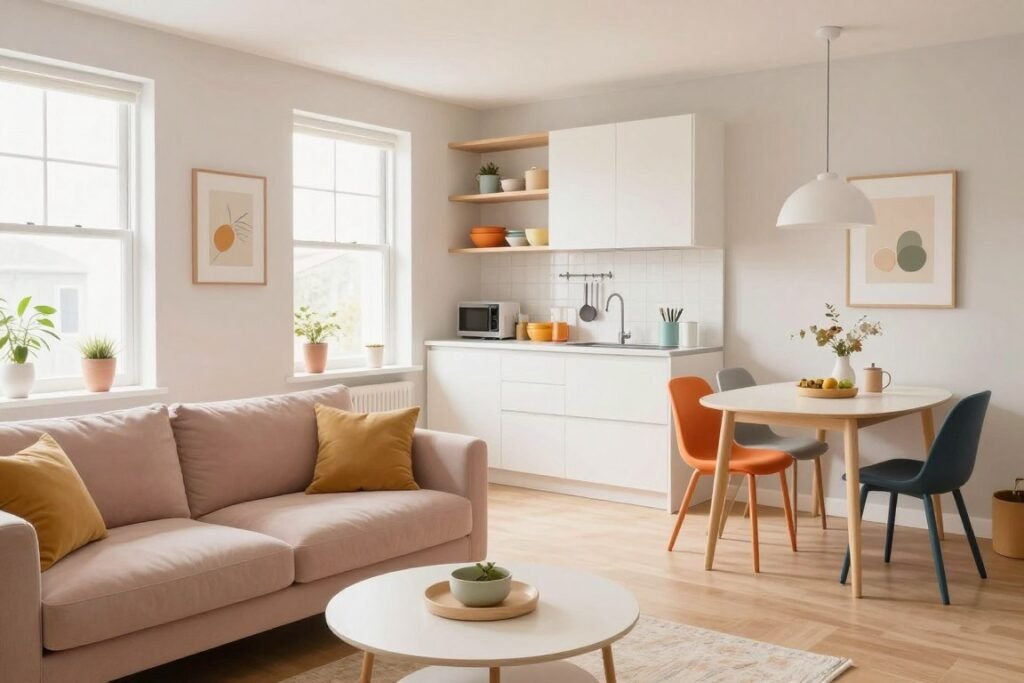 A cozy, modern tiny apartment interior showcasing smart color schemes that maximize space. In the foreground, a stylish living area features a compact sectional sofa in soft pastel hues and a sleek coffee table. The middle layer includes a cleverly designed kitchen nook with airy white cabinetry, open shelves displaying colorful dishes, and a small dining area with mismatched chairs in vibrant colors. In the background, large windows allow natural light to flood in, enhancing the light palette of pale walls adorned with minimalist artwork. The atmosphere is inviting and fresh, emphasizing the effective blend of colors that create an illusion of spaciousness. Soft, even lighting highlights the textures and details in the decor, conveying a sense of warmth and livability.