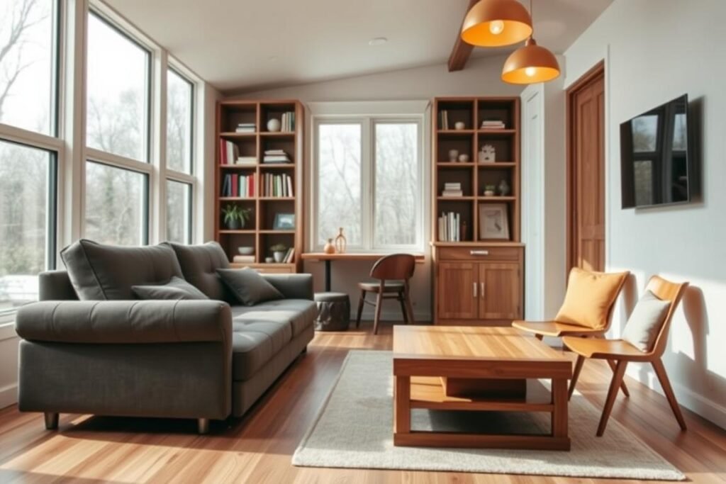 A cozy, modern tiny home interior featuring multi-functional furniture designed to save space and enhance functionality. In the foreground, a stylish sofa bed with storage compartments is paired with a versatile coffee table that converts into a dining table, showcasing its adjustable features. In the middle, a wall-mounted bookshelf incorporates a fold-out desk, illustrating smart organization. The background reveals large windows flooding the room with natural light, highlighting a minimalist aesthetic with soft, neutral tones. Warm pendant lighting adds a welcoming ambiance. The perspective captures an inviting, open layout, emphasizing clever use of space and innovative design. The overall mood is comfortable, practical, and stylish, perfect for maximizing living areas.