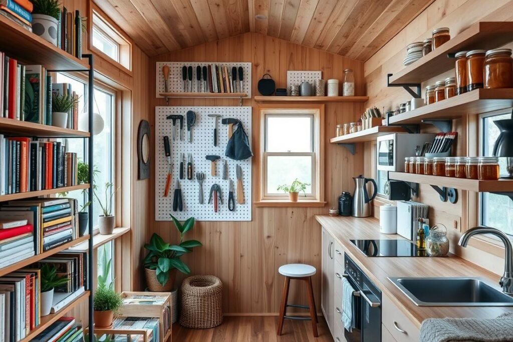 A cozy, modern tiny home interior showcasing innovative vertical storage solutions. In the foreground, a stylish bookshelf extends from floor to ceiling, filled with colorful books, potted plants, and decorative items, highlighting creative organization. In the middle, an artistic wall-mounted pegboard displays various tools and supplies for quick access, accompanied by floating shelves layered with kitchen essentials and jars. In the background, a large window invites natural light, creating a warm and inviting atmosphere. The scene features soft, ambient lighting to enhance the textures of wood and metal, and the angle captures the depth of the vertical storage, emphasizing efficient use of wall space. The mood is practical and inspiring, perfect for small-space enthusiasts.