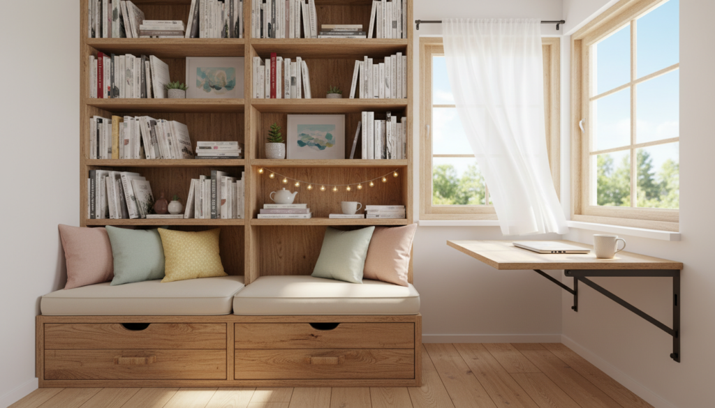 A cozy, multi-functional bookshelf designed for tiny homes, showcasing a blend of modern and rustic elements. In the foreground, the bookshelf features creative storage solutions like pull-out drawers, a foldable desk, and built-in seating areas. The middle layer displays books, small plants, and decorative items that create a warm and inviting atmosphere. In the background, a well-lit small room with a window allows natural light to filter through, enhancing the space's simplicity and elegance. The overall color palette includes warm wood tones combined with soft pastels, inviting viewers to imagine practical use in compact living. The scene is captured with a wide-angle lens, offering a clear view of the bookshelf's multifunctional aspects and the charming ambiance of the tiny home, evoking a sense of creativity and organization.
