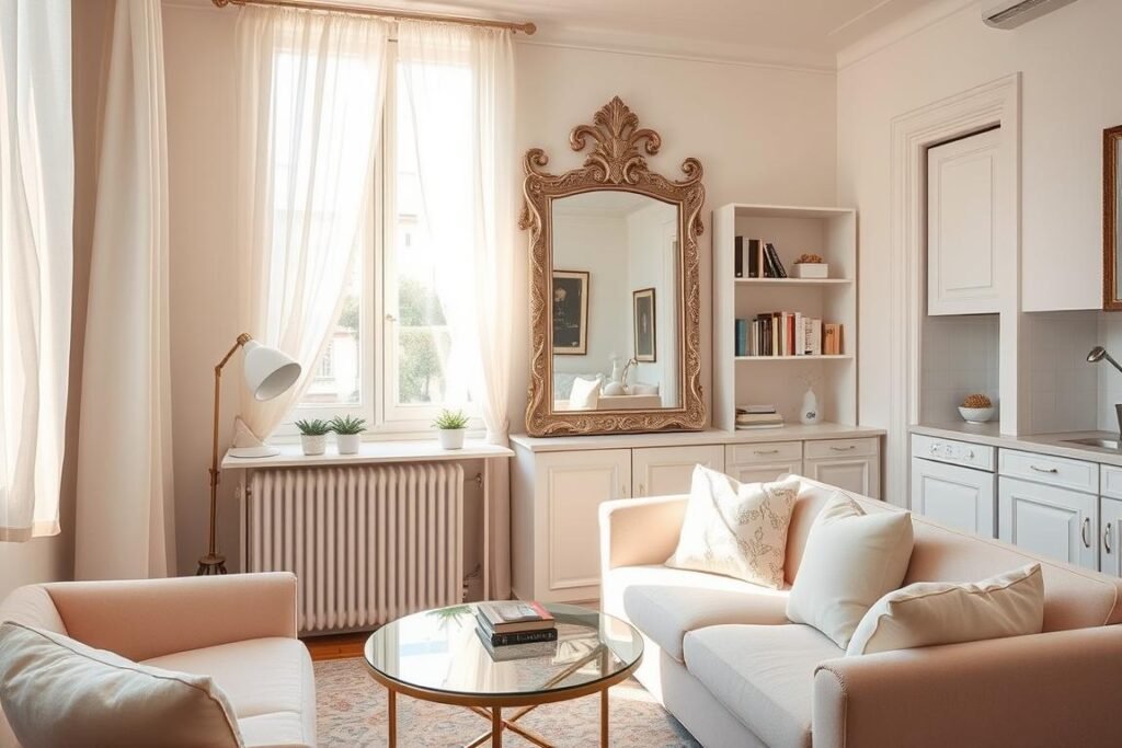 A cozy petite Paris apartment, elegantly designed to maximize space with an emphasis on light colors and mirrors. In the foreground, a chic living area featuring a small, round glass coffee table, surrounded by an inviting sofa covered in soft pastel fabrics. In the middle ground, a large ornate wall mirror reflects the soft sunlight streaming through a window adorned with delicate sheer curtains, enhancing the room's brightness. A minimalistic bookshelf filled with books and small potted plants is positioned beside the mirror. In the background, a quaint kitchenette with white cabinetry and subtle decorative accents adds to the charm. The lighting is warm and inviting, creating a serene and airy atmosphere, perfect for a restful retreat.