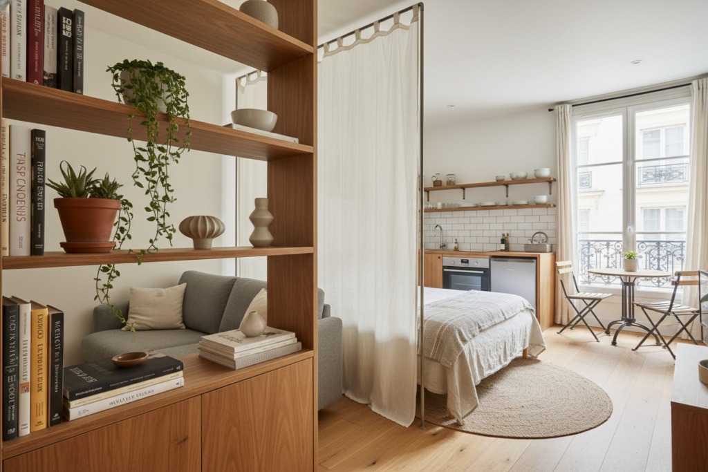 A cozy petite studio apartment in Paris, showcasing innovative room dividers. In the foreground, a stylish wooden bookshelf acts as a divider with plants adorning its shelves. The middle section features a sleek, translucent fabric screen that softly partitions the living and sleeping areas, allowing light to filter through. In the background, a compact kitchen with modern appliances is visible, alongside a small dining table for two. Natural light floods the room through a window, creating a warm and inviting atmosphere. Use a slightly elevated angle to capture the layout, highlighting the functionality and charm of the space. Ensure a clean and uncluttered aesthetic, evoking a feeling of serenity and organization.