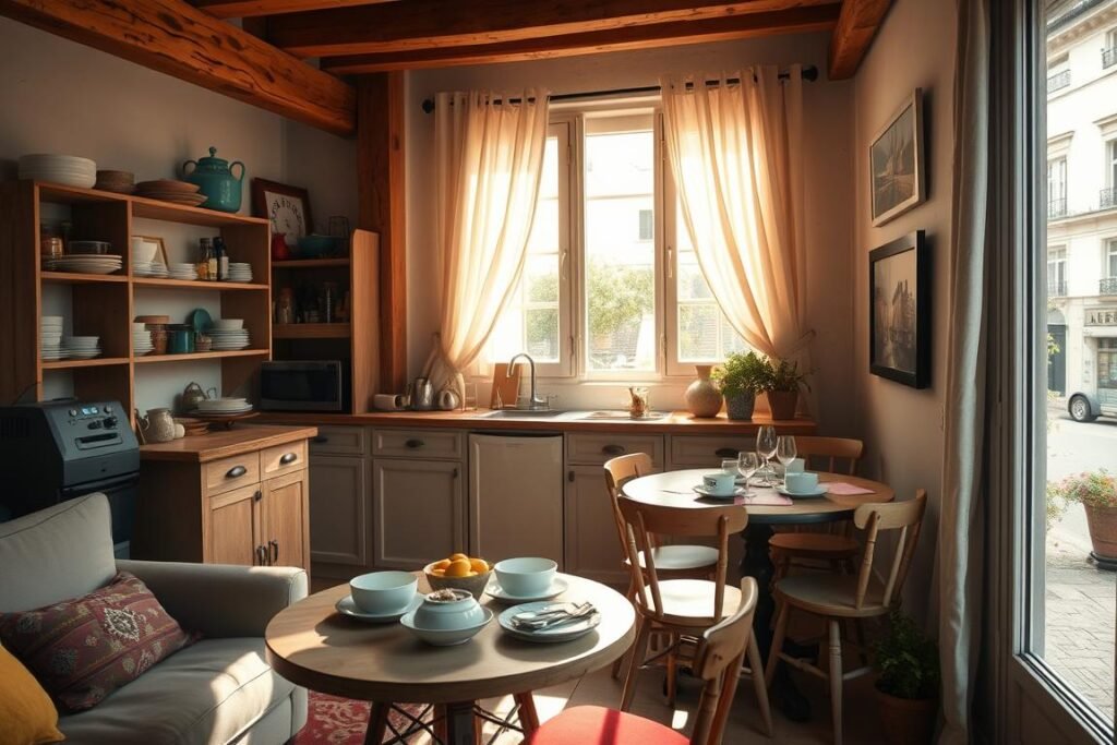 A cozy rustic French pied-à-terre, featuring a small but inviting living area with warmly worn wooden beams and a charming, vintage-style decor. In the foreground, a small round dining table is set with chic tableware, surrounded by mismatched chairs, accentuating the homely vibe. The middle ground showcases a compact, well-organized kitchen with open shelving displaying colorful dishware and glass jars filled with local ingredients. Sunlight filters in through tall French windows adorned with light, airy curtains, creating a soft, warm glow. The backdrop reveals a quaint Parisian street view, with a hint of greenery from nearby pots. The atmosphere is intimate and welcoming, perfect for showcasing clever space-saving ideas in a stylish small apartment. Use natural lighting to highlight textures and create a serene ambiance.