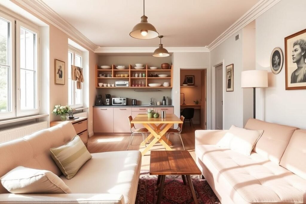 A cozy small French apartment featuring clever multi-functional furniture solutions. In the foreground, a stylish fold-out sofa bed in a soft pastel color, complemented by a compact wooden coffee table that doubles as storage. In the middle, a small dining area with a drop-leaf table and stackable chairs, elegantly arranged under soft, warm lighting from vintage pendant lamps. The background reveals a charming kitchenette with open shelving filled with eclectic dishware, enhancing the sense of space. Large windows allow natural light to flood the room, highlighting the chic décor and airy atmosphere. The overall mood is inviting and practical, showcasing an effective use of limited space in a Parisian setting, emphasizing both style and functionality.