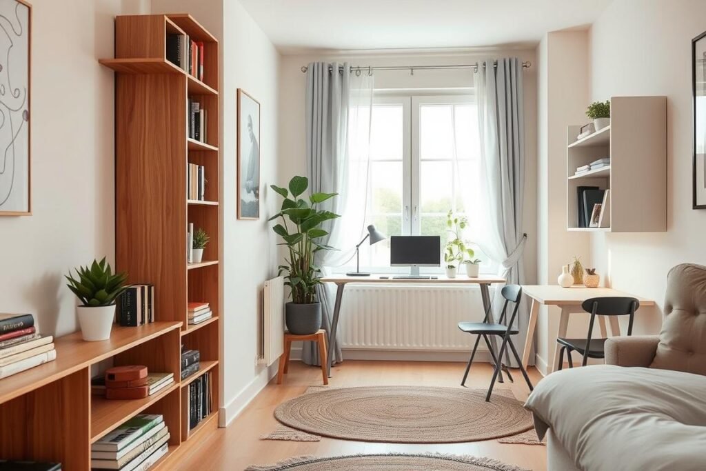 A cozy small French apartment showcasing ingenious vertical storage solutions. In the foreground, a sleek, wooden shelving unit filled with books and decorative plants. The middle section features a cleverly designed wall-mounted desk, complete with minimalistic storage for office supplies. The background reveals a charming window with sheer curtains, allowing natural light to flood the space, illuminating the soft, pastel-colored walls. An inviting rug lies on the floor, complementing a small dining table with stacking chairs. The scene reflects a warm and airy atmosphere, capturing the essence of stylish, functional living. The angle suggests a slightly elevated perspective to showcase the height of the vertical storage and the overall layout of the apartment.