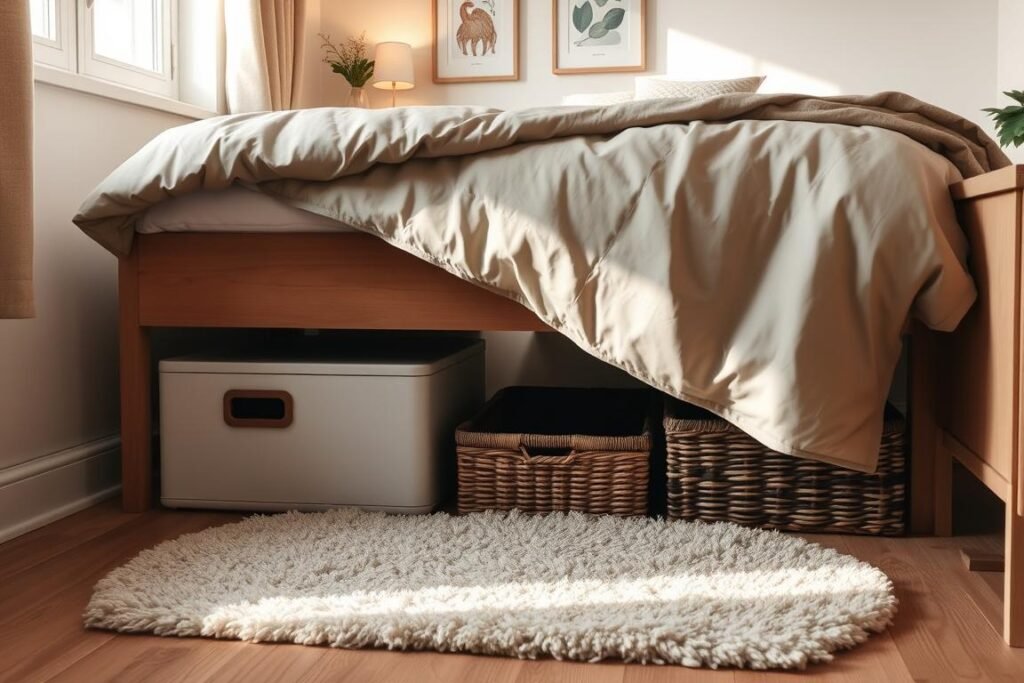 A cozy small apartment bedroom featuring a bed with a neatly organized under-bed storage solution. In the foreground, there are stylish storage boxes and woven baskets tucked beneath the bed, showcasing efficient use of space. The middle ground reveals a fluffy area rug and a bedside table with a small plant, creating a warm atmosphere. The background includes light-colored walls adorned with soft artwork, enhancing the room's charm. Natural light streams in from a nearby window, illuminating the scene and casting gentle shadows, while a warm color palette evokes comfort and tranquility. The angle is slightly elevated, providing a clear view of the under-bed area and the overall cozy layout of the room.