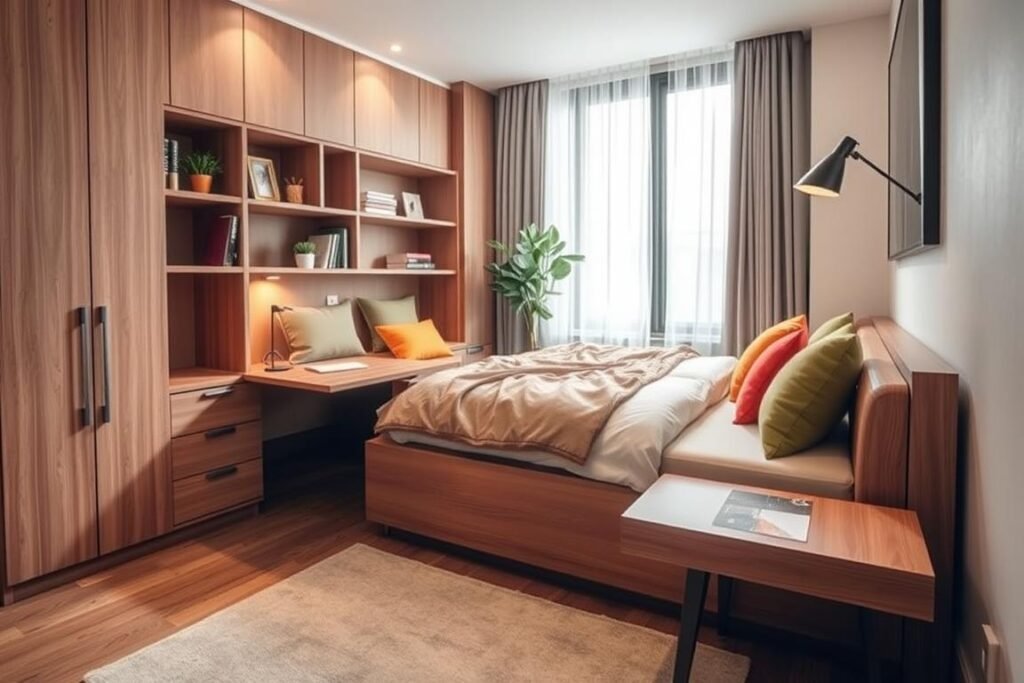 A cozy small apartment bedroom featuring a stylish multi-functional bed, designed to maximize space. In the foreground, a sleek wooden bed that transforms into a sofa, accented with colorful throw pillows. Adjacent to it, a compact, built-in desk that folds out from the side of the bed. In the middle ground, shelving units integrated into the walls display books and plants, enhancing the room's aesthetic. The background shows a window with sheer curtains allowing soft, natural light to illuminate the space, creating a warm and inviting atmosphere. The lens captures the scene from an angle that highlights the bed’s versatility and the effective use of limited space, exuding a sense of modern elegance and practicality.