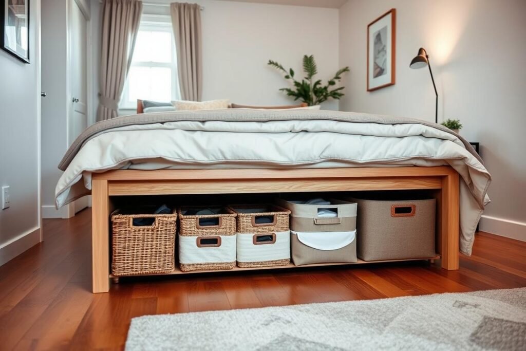 A cozy small apartment bedroom featuring creative under bed storage solutions. In the foreground, showcase an elegantly styled bed with a light, neutral comforter, raised slightly to reveal neatly organized storage bins underneath. The middle layer includes various storage options like woven baskets, sliding drawers, and fabric organizers, all arranged to emphasize functionality and style. The background displays a softly lit room with warm tones, highlighting wood flooring and a small window allowing natural light to filter in. Incorporate elements like a potted plant and a stylish bedside lamp to enhance the inviting atmosphere. Use a wide-angle lens to capture the entire space, ensuring the image feels welcoming and organized, perfect for a small living environment.