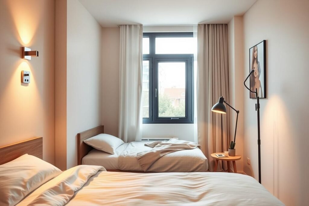 A cozy small apartment bedroom featuring innovative space-saving lighting solutions. In the foreground, sleek wall-mounted sconces illuminate the room, casting warm light on a neatly made bed with minimalist bedding. The middle ground showcases a versatile floor lamp with adjustable arms, standing next to a small bedside table adorned with a few decorative items. In the background, natural light filters through a large window, highlighting soft, neutral-toned walls that amplify the room’s brightness. The atmosphere is calm and inviting, with a layout that maximizes space while maintaining style. The image should have a realistic perspective captured at eye level, using soft focus to enhance warmth and comfort, while ensuring no text or distractions are present.