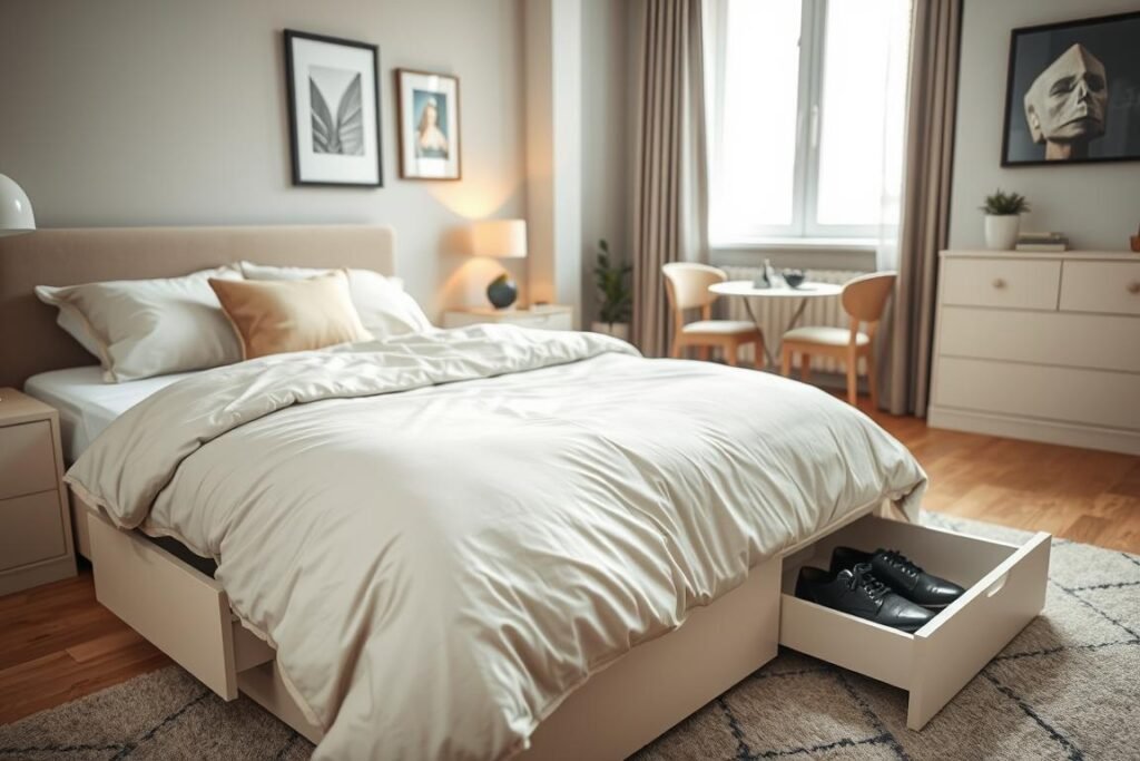 A cozy small apartment bedroom featuring innovative under-bed storage solutions. In the foreground, a neatly fitted bed with an elegant, light-colored duvet partially lifted, revealing spacious storage drawers filled with organized items like shoes and seasonal clothing. The middle ground showcases a stylish rug and a small bedside table with minimalist decor, creating a warm and inviting atmosphere. In the background, soft natural light filters through a window, illuminating the room with a gentle glow. The walls are adorned with tasteful artwork, enhancing the space's charm. Capture this scene with a slightly angled perspective to emphasize the under-bed storage feature, focusing on clarity and inviting warmth, embodying a functional yet aesthetically pleasing environment.