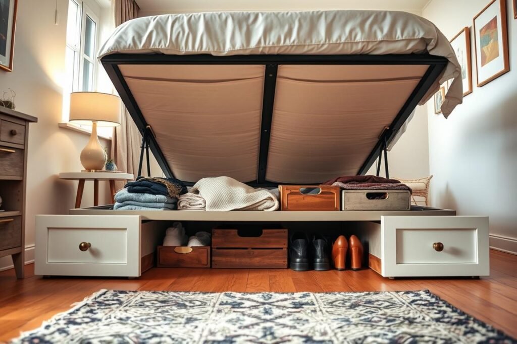 A cozy small apartment bedroom showcasing innovative under-bed storage solutions. In the foreground, an elegant bed frame lifts to reveal neatly organized storage boxes and wooden crates filled with various items, such as seasonal clothing and shoes. The middle ground features a stylish rug, complementing the warm wooden floor, with a modern bedside table holding a serene lamp casting soft, ambient light. The background displays light-colored walls adorned with artwork, and a window allowing natural sunlight to pour in, enhancing the inviting atmosphere. The scene is captured from a low angle, making the under-bed area the focal point, creating a sense of depth and practicality while demonstrating clever storage ideas in a charming setting.