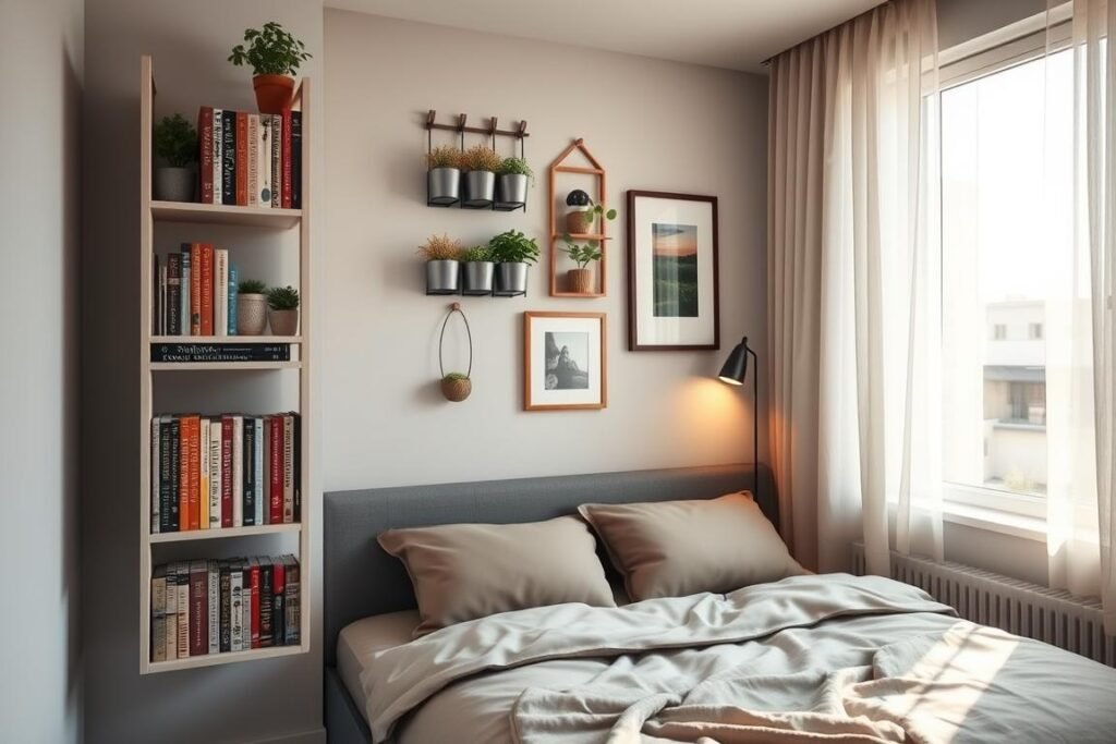 A cozy small apartment bedroom showcasing innovative vertical wall space solutions. In the foreground, a sleek, wall-mounted bookshelf filled with colorful books and decorative plants. In the middle, hanging organizers with potted herbs and framed artwork add a personal touch to the wall. The background features a compact bed with under-bed storage and soft, ambient lighting from a stylish lamp, creating a warm atmosphere. Filters of sunlight stream through a window, illuminating textures of the fabrics and walls, emphasizing a sense of openness. The composition captures the essence of maximizing vertical space in a small living area, blending functionality and aesthetics seamlessly.