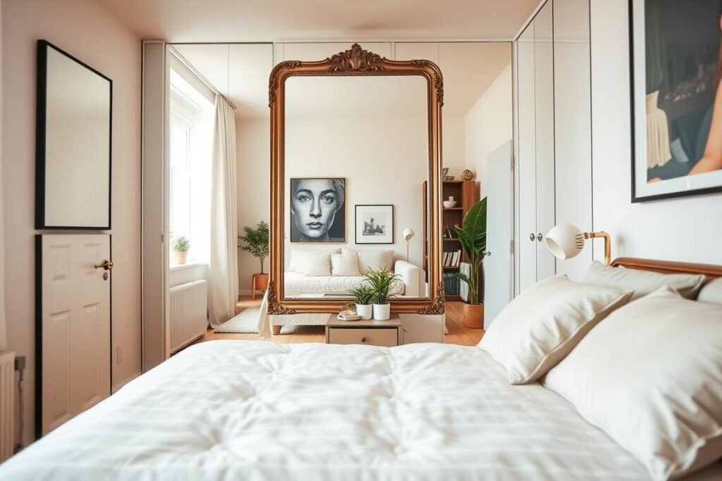 A cozy small apartment bedroom showcasing strategic mirror placement to enhance space. In the foreground, a stylish, minimalist bed with soft linens and decorative pillows. The middle features a large, elegantly framed mirror reflecting light and visually expanding the room. Include a compact nightstand with potted plants and a small lamp beside the bed. The background displays light-colored walls, a window allowing natural sunlight to flood in, and subtle decorative elements like artwork and bookshelves. Use soft, warm lighting to create an inviting and relaxed atmosphere. The angle should be slightly elevated, capturing the room’s layout and the effect of mirrors on creating a sense of spaciousness and depth.