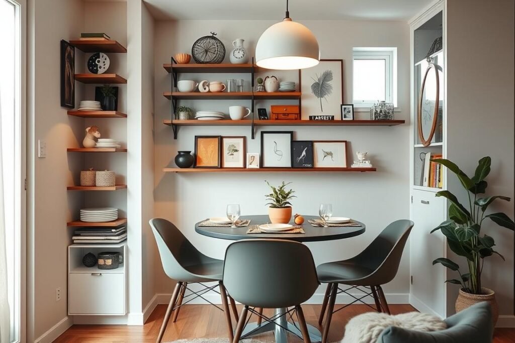 A cozy small apartment dining room, showcasing a clever use of vertical space. In the foreground, a compact round dining table with modern, sleek chairs invites warmth and functionality, adorned with decorative placemats and a small potted plant. The middle ground features wall-mounted shelves filled with stylish dishware and artful decor, creating a whimsical yet organized look. A mounted light fixture casts a soft, ambient glow over the scene, enhancing the inviting atmosphere. In the background, narrow windows allow natural light to filter in, adding to the airy feeling. The overall mood is modern and sophisticated, emphasizing smart design solutions for maximizing small spaces, with a hint of vibrancy created by carefully chosen color accents.