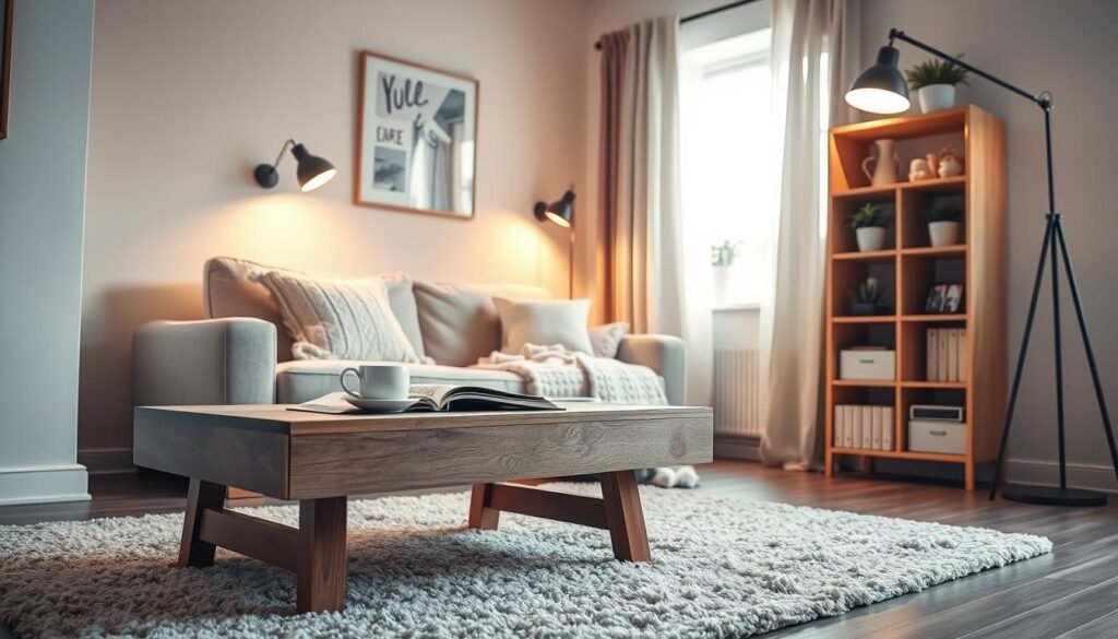 A cozy small apartment interior, featuring a well-organized living space that showcases aesthetic decor. In the foreground, a plush, textured rug beneath a low wooden coffee table with a steaming cup of tea and an open book. The middle ground captures a comfortable sofa adorned with soft throw pillows and a warm knitted blanket, adjacent to a compact bookshelf filled with plants and decorative items. In the background, a window allowing soft natural light to filter in, with sheer curtains gently fluttering, illuminating the room's pastel color palette. Cozy lighting from a stylish floor lamp enhances the inviting atmosphere, creating an overall feeling of warmth and serenity. The composition should be inviting and realistic, emphasizing space-saving ideas without overcrowding the scene.