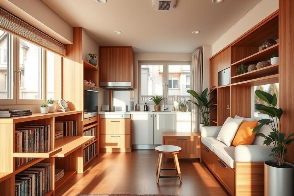 A cozy small apartment interior featuring custom built-ins designed for space efficiency. In the foreground, showcase a stylish built-in bookshelf combined with a work desk, all in warm wood tones. The middle ground presents a compact kitchen with smart storage solutions like pull-out cabinets and integrated appliances. The background reveals an inviting living area with a built-in sofa and storage underneath, adorned with soft, bright cushions. Natural light pours in through large windows, casting warm shadows, while indoor plants add a touch of greenery. The atmosphere is modern yet cozy, reflecting a seamless blend of functionality and aesthetic appeal, ideal for maximizing small living spaces.
