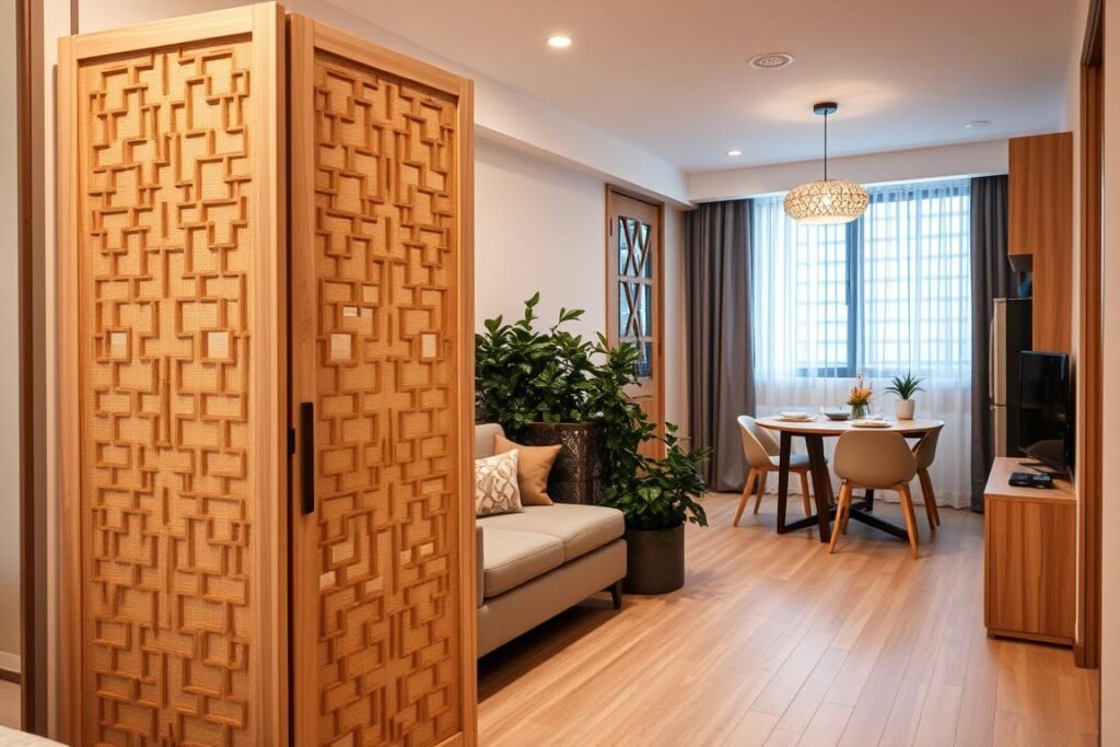 A cozy small apartment interior featuring innovative room dividers that creatively define different spaces. In the foreground, a stylish, freestanding wooden divider with intricate cut-out patterns, providing privacy while allowing light to filter through. In the middle ground, a soft, muted sofa area separated by a lush indoor plant divider, adding a touch of greenery. The background displays a compact dining table with sleek chairs, illuminated by warm, ambient lighting from a decorative overhead lamp. The overall atmosphere is inviting and modern, with a color palette of soft neutrals and earthy tones. Capture this scene with a wide-angle lens to emphasize the open layout, showcasing a balance between functionality and aesthetic appeal.