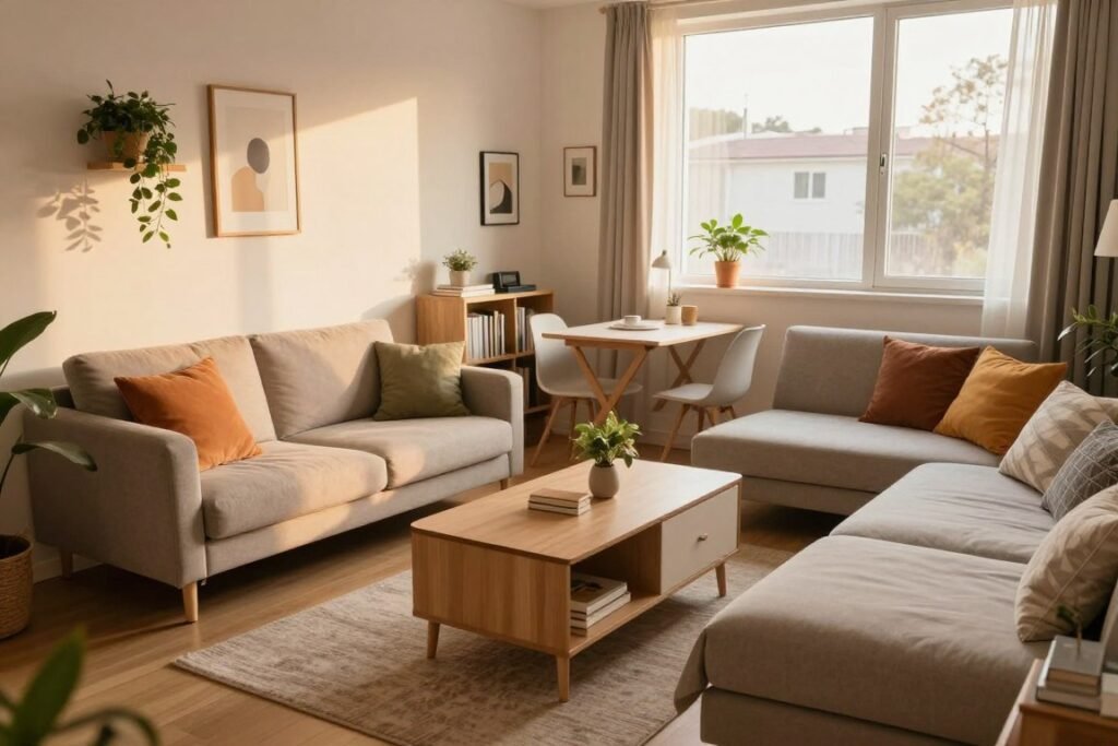 A cozy small apartment interior featuring smart space-saving design tips. In the foreground, a stylish living area with a compact, multi-functional sofa that doubles as a bed, adorned with colorful cushions. In the middle ground, a sleek, modern coffee table with storage compartments and a small bookshelf filled with books and plants. A folding dining table is set for two, with minimalist decor on the walls, showcasing wall-mounted plants and art. In the background, large windows allow natural light to flood in, creating a warm, inviting atmosphere. The lighting is soft and ambient, suggesting late afternoon. The overall mood is tranquil yet stylish, emphasizing functionality in a limited square footage, encapsulating the essence of a cozy haven.