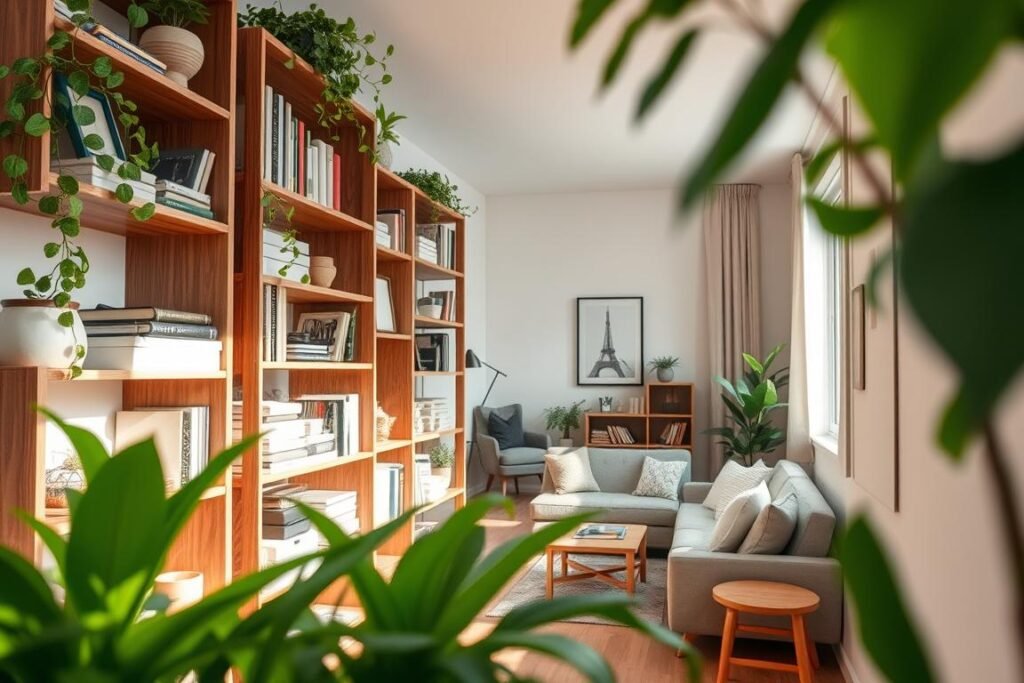 A cozy small apartment interior focused on maximizing space with vertical shelving. In the foreground, vibrant green plants adorn the shelves, creating a refreshing atmosphere. Midground showcases a tall, stylish wooden shelving unit packed with books, decorative items, and storage boxes, emphasizing the vertical layout. The shelves extend to the ceiling, enhancing the sense of height in the room. In the background, a softly lit living area with a compact sofa and a small coffee table highlights the efficient use of space. Natural light filters through a window, casting gentle shadows and illuminating the warm color palette of the decor. The overall mood is inviting and organized, emphasizing a smart and functional layout strategy.