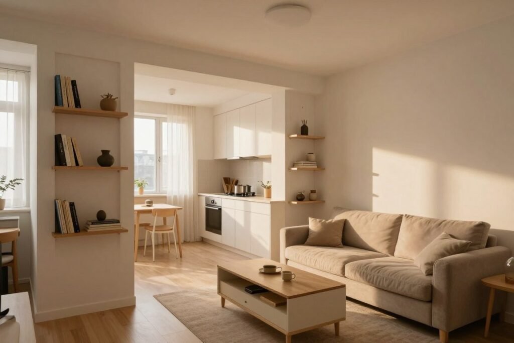 A cozy small apartment interior focusing on innovative hidden storage solutions. In the foreground, showcase sleek, built-in shelves seamlessly integrated into the wall, holding books and decorative items. In the middle, feature a stylish multi-functional coffee table with hidden compartments and a plush sofa with storage under the cushions. The background reveals a compact kitchenette with cleverly designed cabinets that blend into the surrounding walls, emphasizing space-saving design. Soft, warm lighting creates an inviting atmosphere, with sunlight filtering through sheer curtains, casting gentle shadows. Use a wide-angle lens to capture the full layout, emphasizing the clever use of space while maintaining a realistic and lived-in appearance. The mood is serene and cozy, ideal for small apartment living.