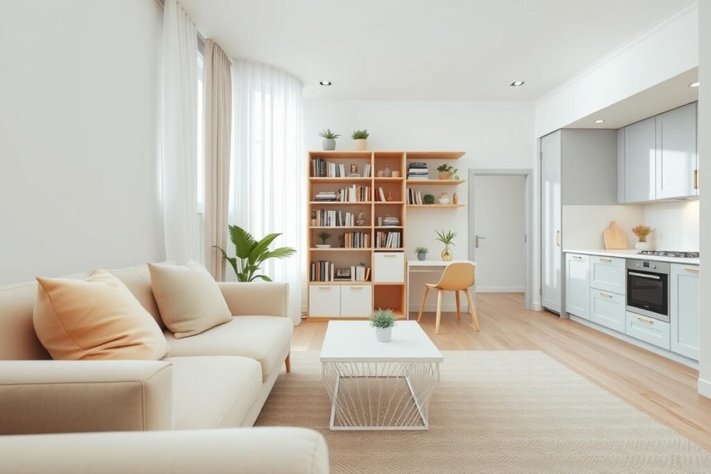 A cozy small apartment interior showcasing a stylish use of light colors to create an expansive feel. In the foreground, a soft beige sofa adorned with pastel-colored pillows sits next to a sleek white coffee table. The middle section features a light wood bookshelf overflowing with books and small indoor plants. Bright white walls enhance the airy atmosphere, while sheer curtains allow gentle natural light to filter in. The background reveals an open-plan kitchen with light gray cabinetry and subtle gold accents, harmonizing with the overall palette. The scene captures a serene and inviting mood, with a focus on minimalist decor and an uncluttered space, framed from a slight low angle to emphasize height and openness.