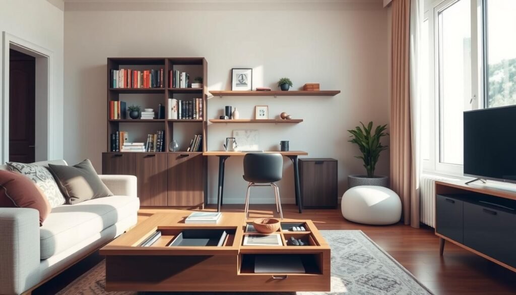 A cozy small apartment interior showcasing clever storage solutions. In the foreground, a stylish multifunctional coffee table with built-in storage compartments, surrounded by a compact sofa adorned with decorative cushions. In the middle, a wall-mounted bookshelf displaying colorful books and decorative items, paired with a sleek fold-out desk that utilizes vertical space efficiently. The background features light, airy walls with a large window allowing natural sunlight to stream in, casting gentle shadows across the room. The atmosphere is warm and inviting, invoking a sense of innovation and practicality. The scene is captured from a slightly elevated angle, emphasizing the layout and functionality of each piece of furniture while maintaining a realistic, lived-in feel.