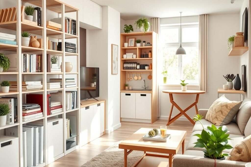 A cozy small apartment interior showcasing efficient storage solutions. In the foreground, a stylish modular shelving unit filled with neatly organized books, decorative boxes, and small plants, emphasizing functionality. In the middle, a compact multifunctional furniture piece, such as a coffee table with hidden storage, complements a small sofa with throw pillows. The background features an open kitchen area with wall-mounted storage for utensils and spices, along with a foldable dining table. Soft, natural light filters through a window, creating a warm and inviting atmosphere. The focus is on maximizing space and organization, with a harmonious color palette of soft neutrals and pops of greenery, illustrating smart living in limited square footage.