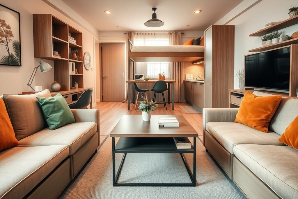 A cozy small apartment interior showcasing innovative furniture solutions designed for maximizing space. In the foreground, a multifunctional coffee table that transforms into a desk, surrounded by compact, stylish seating with clever storage. The middle ground features a compact kitchenette with open shelving, utilizing vertical space effectively. In the background, a living area with a lofted bed that incorporates a workspace underneath, warmly lit by natural light filtering through sheer curtains. Emphasize a warm color palette of soft browns and greens, creating an inviting atmosphere. Use a wide-angle lens to capture the layout, enhancing the sense of space while maintaining an intimate feel. The overall mood is modern, practical, and uplifting, reflecting the benefits of small space living.