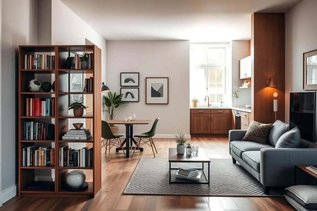 A cozy small apartment interior showcasing innovative room division strategies for a studio or open layout. In the foreground, there is a stylish bookshelf acting as a subtle divider between a compact living area and a kitchenette, featuring a small dining table with two modern chairs. In the middle ground, a sleek sofa faces a minimalist coffee table, with tasteful decor elements like potted plants and framed art. The background reveals a small but functional kitchen with open shelves and warm lighting, enhancing the cozy atmosphere. Natural light streams in through a large window, illuminating the space. The mood is inviting and creative, highlighting space-saving ideas while ensuring each area feels distinct yet connected.